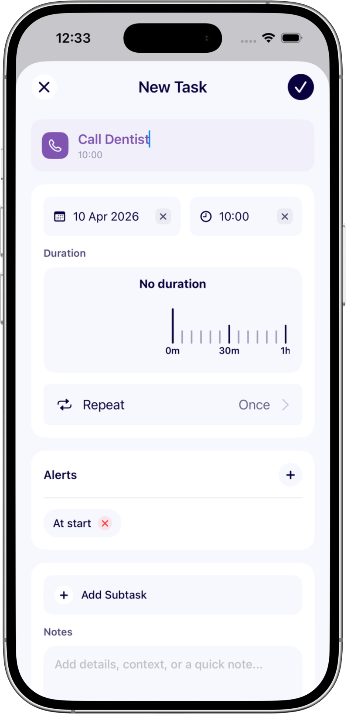Brio task creation screen with scheduling and task details.